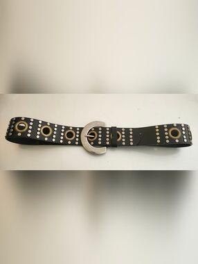 Studded Black Leather Belt with Metallic Buckle